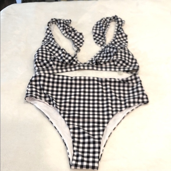 Blooming Jelly Other - Navy & White Gingham checkered bight waist Bikini Set ruffled top lines SZ XL